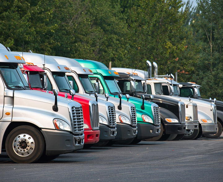 Big rigs semi trucks of different brands models and colors are lined up in parking lots truck stops rest areas filling vacant places to rest have lunch or wait for cargo following traffic schedule