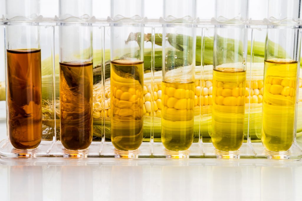 Corn generated ethanol biofuel with test tubes on white background