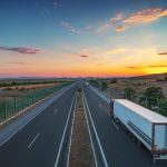 A Big Rig Truck drives towards the sunset on the horizon.