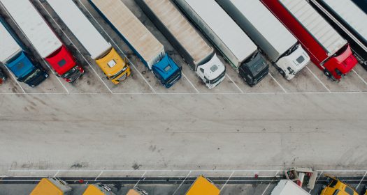 Aerial shot of fleet of trucks